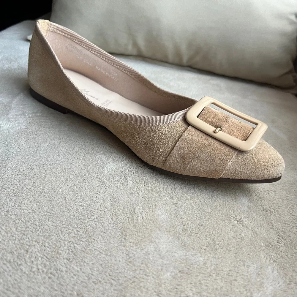 Avellini Women 8 EU‎ 39 Tan Suede Pointed Toe Buckle Ballet Flats Italy Classic